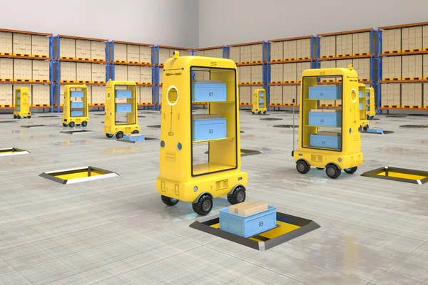 Rendeirng Depo Robotu Veya Robot Yardımcısı Kutuları Teslim — Stok fotoğraf