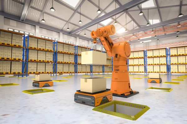 Fabryka Automatyki Lub Koncepcji Ładunku Renderowania Broni Robotów Robotów Magazynowych — Zdjęcie stockowe