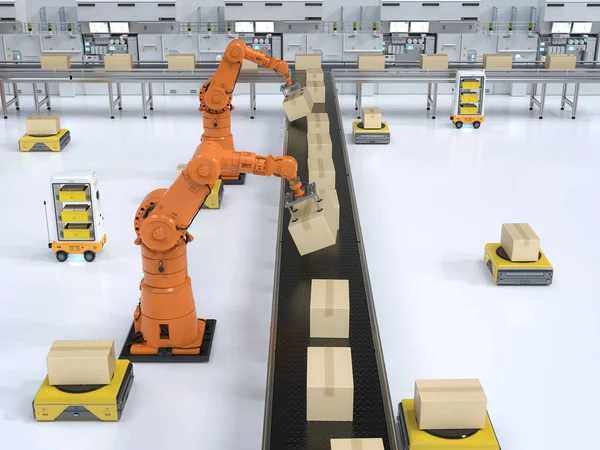 Automatizálási Gyár Vagy Rakomány Koncepció Renderelő Robot Fegyverekkel Raktár Robotokkal — Stock Fotó
