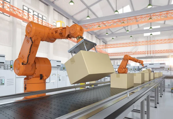 Automatiseringsfabrieksconcept Met Rendering Robotarmen Met Boxen Transportband Fabriek — Stockfoto