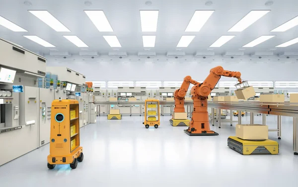 Fábrica Automação Conceito Carga Com Braços Robô Renderização Robôs Armazém — Fotografia de Stock