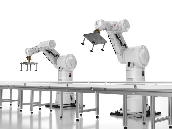 Koncepcja Inteligentnej Fabryki Ramionami Robota Renderującego Pustą Linią Transportową — Zdjęcie stockowe
