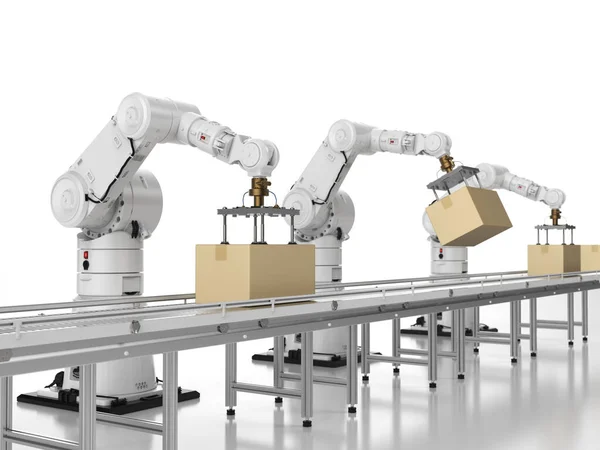 Automatisierungswerkskonzept Mit Rendering Roboterarmen Mit Boxen Band Der Fabrik — Stockfoto