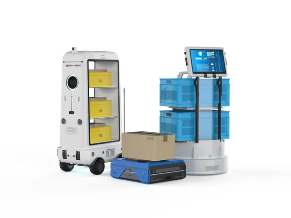 3Dレンダリング倉庫ロボットやロボットアシスタントは箱を配達します — ストック写真