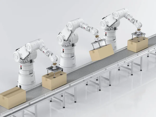 工厂输送机生产线上装有盒子的3D渲染机器人臂的自动化工厂概念 — 图库照片