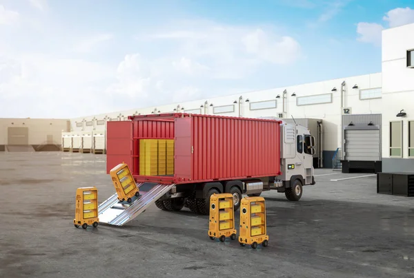 Renderowania Przyczepy Logistyczne Ciężarówki Lub Ciężarówki Robotami Załadunku Kartonów — Zdjęcie stockowe