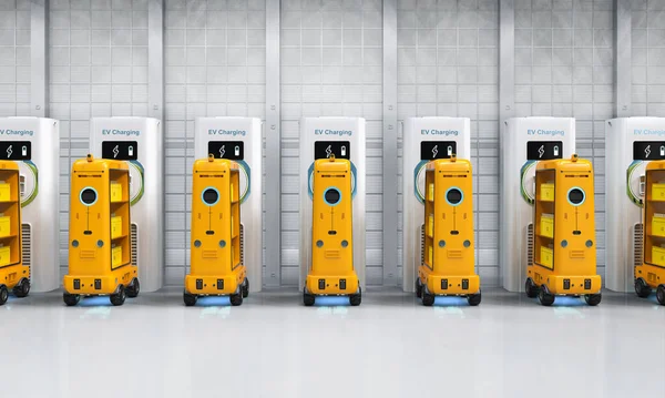 Rendering Gruppe Von Lagerrobotern Lädt Mit Elektroladestationen Hintereinander — Stockfoto