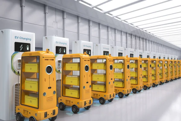 Konvertering Grupp Lager Robotar Laddning Med Elektriska Laddstationer Rad — Stockfoto