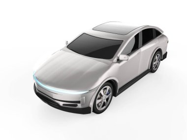 Beyaz zemin üzerinde 3D metalik ev arabası ya da elektrikli araç oluşturma