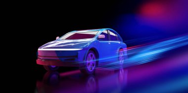Neon ışıklı arka planda her arabayı ya da elektrikli araç hareket sürücüsünü 3D rendeleme