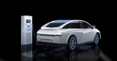3D renging beyaz ev araba veya elektrikli araç fişi siyah arkaplan şarj istasyonu ile