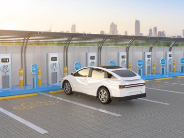 3D renging beyaz her araba veya elektrikli araç şarj istasyonu ile fişi