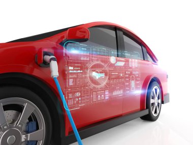 3d görüntüleme kırmızı ev araba veya elektrikli araç dijital grafik arayüzü ile istasyon ekran şarj