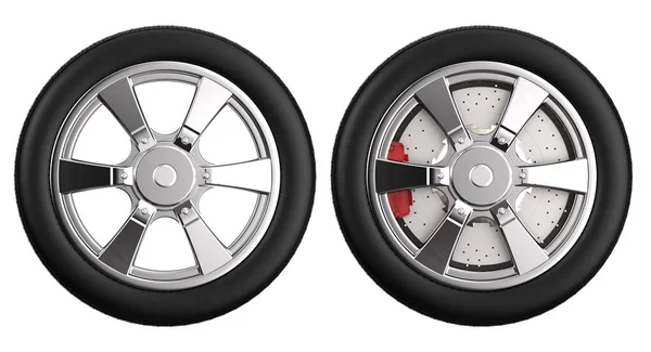 stock image 3d rendering black tire with metallic wheel isolated on white