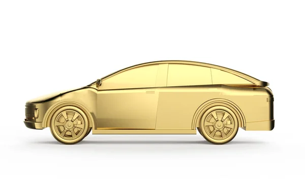 Beyaz Arkaplanda Altın Arabası Metalik Altın Elektrikli Araç — Stok fotoğraf