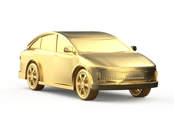 Renderização Carro Dourado Veículo Elétrico Ouro Metálico Fundo Branco — Fotografia de Stock