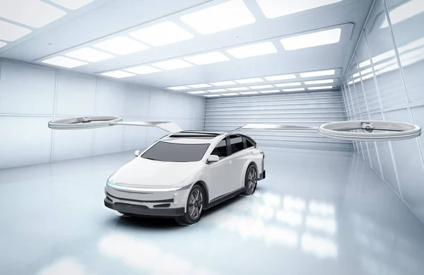 Renderowania Biały Elektryczny Latający Samochód Lub Samochód Dron Garażu — Zdjęcie stockowe