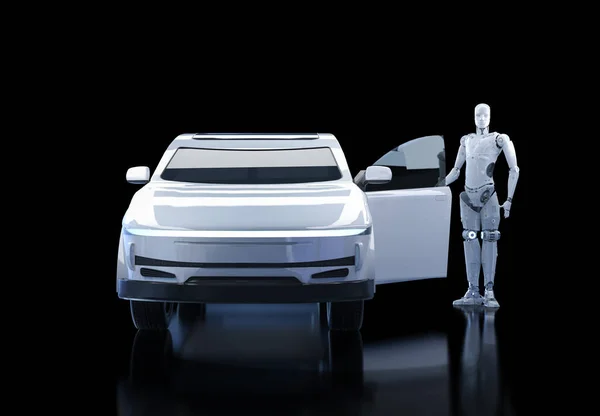 Driverless car or autonomous car with 3d rendering white ev car or electric vehicle with cyborg