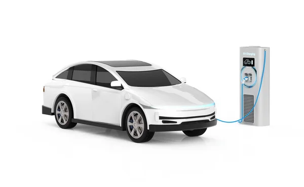 Rendering Witte Auto Elektrisch Voertuig Plug Met Oplaadstation Witte Achtergrond — Stockfoto