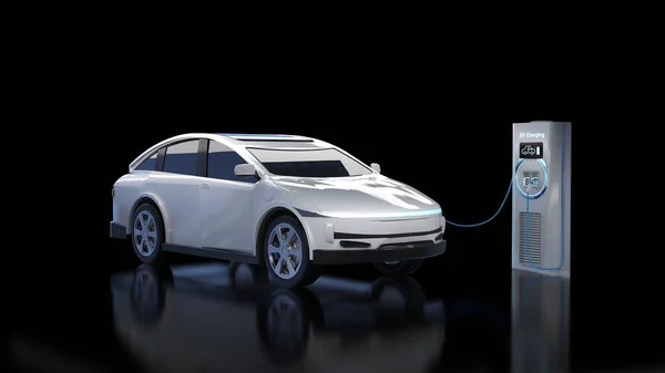 Rendering Witte Auto Elektrisch Voertuig Plug Met Oplaadstation Zwarte Achtergrond — Stockfoto