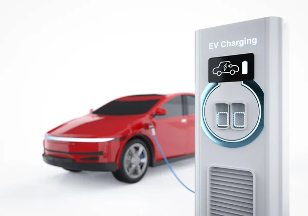 Rendering Rode Auto Elektrisch Voertuig Plug Met Oplaadstation Witte Achtergrond — Stockfoto