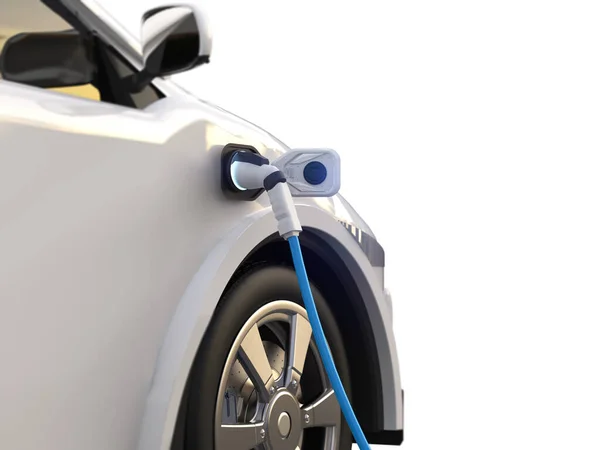 Rendering White Car Electric Vehicle Plug Recharging Station White Background — Stock Photo, Image