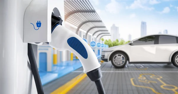 Rendering White Car Electric Vehicle Plug Recharging Station — Stock Photo, Image