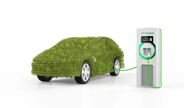 Καθιστώντας Πράσινο Αυτοκίνητο Φυλλώδες Γρασίδι Ηλεκτρικό Όχημα Επαναφόρτιση Στο Σταθμό — Φωτογραφία Αρχείου