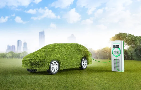 Vykreslování Zelené Auto Nebo Listnaté Trávy Elektrické Vozidlo Dobíjení Stanici — Stock fotografie
