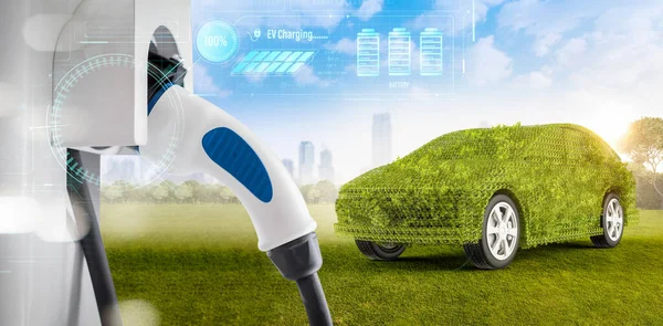3d rendering green ev car or leafy grass electric vehicle recharging at station