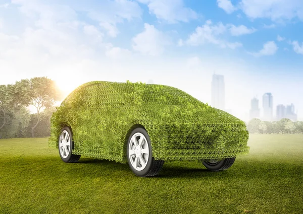 Vykreslování Zelené Auto Nebo Listové Trávy Elektrické Vozidlo Bílém Pozadí — Stock fotografie