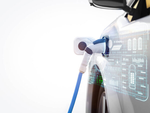 3D рендеринг автомобиля или электрического транспортного средства подключение с дисплеем подзарядной станции с цифровым графическим интерфейсом