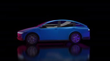Siyah arkaplan 4k görüntülerinde 3d mavi ev arabası ya da elektrikli araç hareket sürücüsü oluşturuluyor