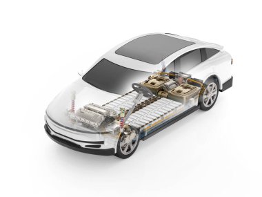 Beyaz zemin üzerinde pil hücre modülü paketi olan her arabayı ya da elektrikli aracı 3D rendeleme