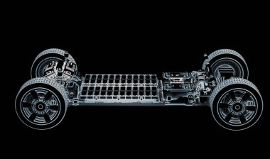 Siyah zemin üzerinde pil hücre modülü paketi olan her arabayı ya da elektrikli araç yapısını 3d biçimlendirme