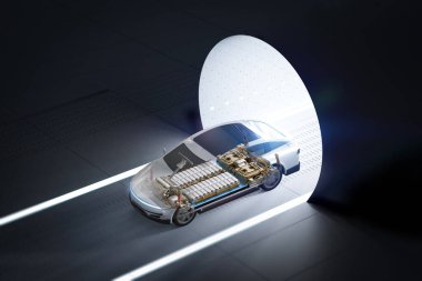 Platform parkındaki batarya hücresi modülü yüklü her arabayı ya da elektrikli aracı 3D rendeleme