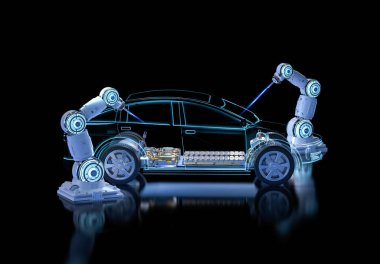 Otomotiv otomobil fabrikası konsepti. Platformunda elektrikli araba aküsü modülü olan 3 boyutlu robot montaj hattı.