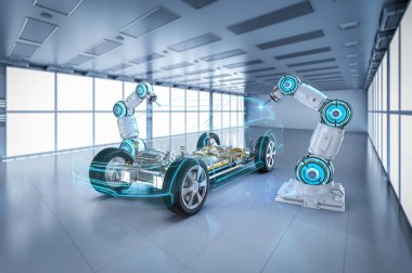 Otomotiv otomobil fabrikası konsepti. Platformunda elektrikli araba aküsü modülü olan 3 boyutlu robot montaj hattı.
