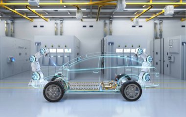 Otomotiv otomobil fabrikası konsepti. Platformunda elektrikli araba aküsü modülü olan 3 boyutlu robot montaj hattı.
