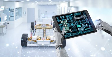 3D hazırlama mühendisi veya teknisyen robot dijital tableti elektrikli araba kullanıcı arayüzü ile otomatik araba bakımı