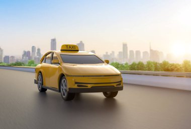 3D görüntüleme sarı her taksi veya şehirde elektrikli araç yolculuğu
