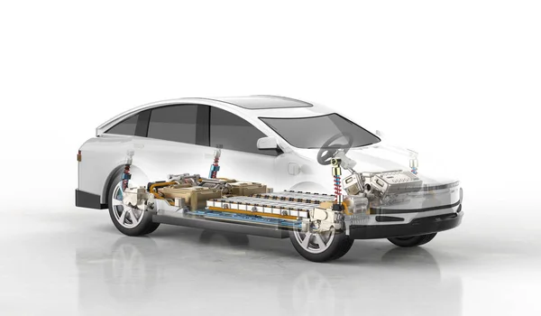 stock image 3d rendering ev car or electric vehicle with pack of battery cells module on platform on white background
