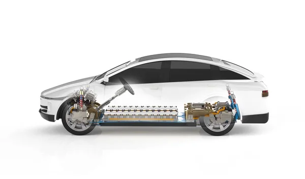 Rendering Auto Elektrisch Voertuig Met Pack Van Batterij Cellen Module — Stockfoto