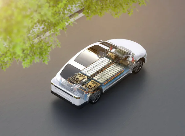 Vykreslování Auto Nebo Elektrické Vozidlo Bateriovými Články Modul Silnici — Stock fotografie