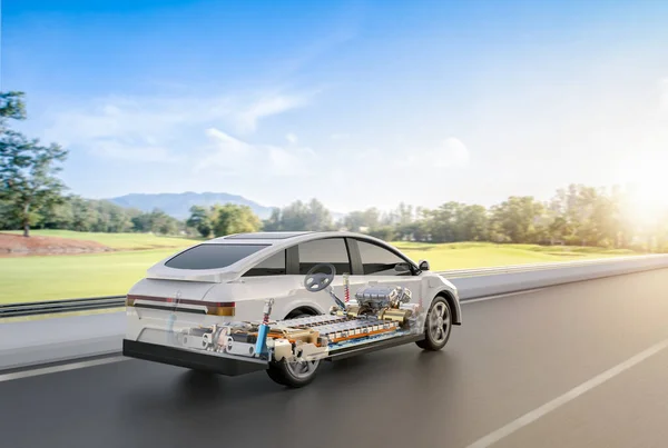 3D渲染Ev汽车或电动车 道路上装有电池组件 — 图库照片