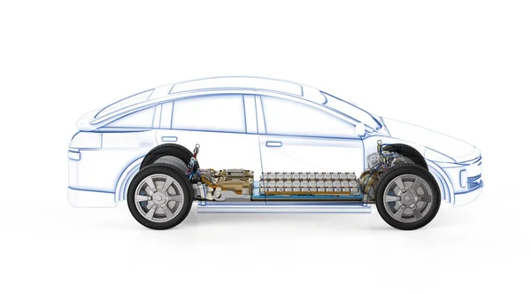 stock image 3d rendering ev car or electric vehicle structure with pack of battery cells module on platform