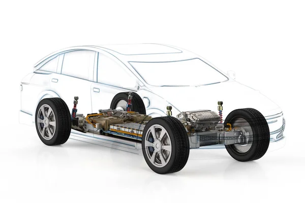 Rendering Auto Oder Elektrofahrzeugstruktur Mit Batteriezellen Modul Auf Plattform — Stockfoto