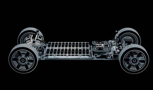 Візуалізація Структури Автомобіля Електромобіля Пакетом Модулів Акумуляторних Батарей Платформі Чорному — стокове фото
