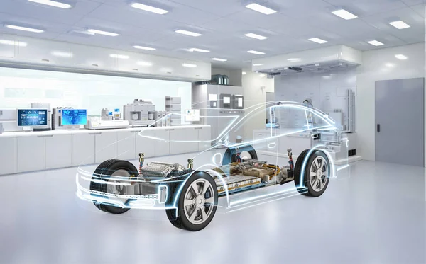 Elektrikli Araba Araştırma Geliştirme Laboratuvardaki Platformda Her Arabayı Batarya Hücre — Stok fotoğraf
