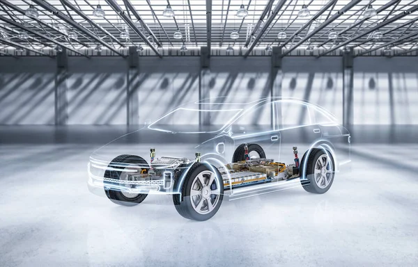 Візуалізація Автомобіля Електромобіля Модулем Батарейних Елементів Платформі Парку Гаражі — стокове фото
